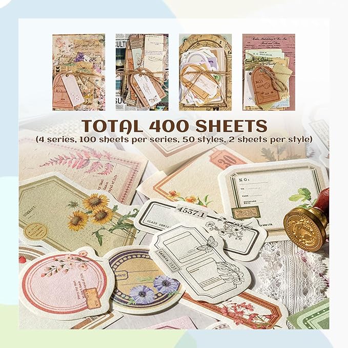 400Pcs Scrapbook Supplies Kit,4 Pack of Vintage Scrapbook Paper for Planner Bullet Junk Journal Supplies, Decoupage Paper Card Making Supplies and Scrapbooking Supplies DIY Mixed Media Collage Card