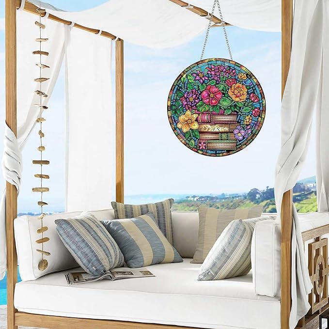 VAIIEYO Book Diamond Art Hanging Ornament, Flower Diamond Painting Suncatchers Window Hanging Kit with Chain, 7.5x7.5 inch Crystal Pendant Art Craft for Gift Home Wall Front Door Decoration