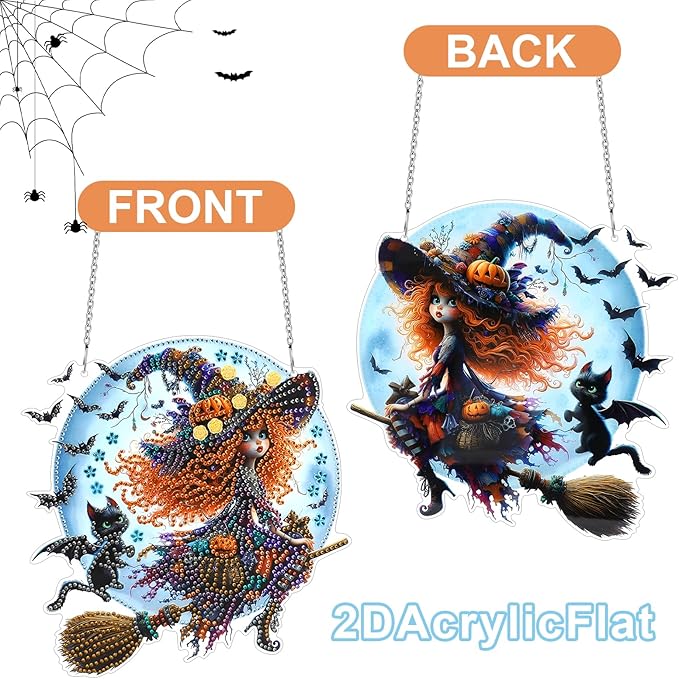 MUNORIAY Diamond Art Hanging Kit for Adult,Special Shaped Rhinestone,5D DIY Acrylic Double Sided Diamond Art Painting Window Pendants,Home Garden Wall Decor Hanging Ornament (Halloween Witch)