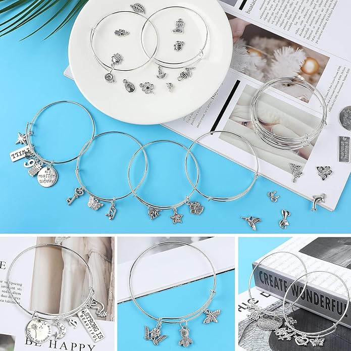UPINS 544 Pcs Bracelet Earring Making Kit, Expandable Blank Bangles with Charms Tibetan Silver Pendants, Earring Hooks, Earring backs, Jump Rings and Pliers, Jewelry Gift for Girls DIY Craft