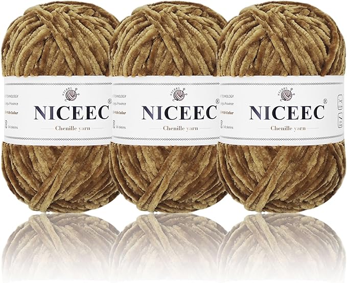 NICEEC 3 Skeins Soft Chenille Yarn Blanket Yarn for Knitting Fancy Yarn for Crochet Weaving DIY Craft Total Length 3×85m (3×93yds, 3×50g)_Dark Brown