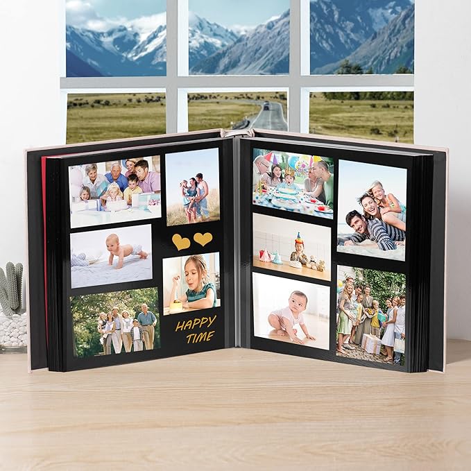 Large Photo Album Self Adhesive 4x6 5x7 8.5x11 Scrapbook Magnetic DIY Scrap Book Length 13" x Width 12.8" 120 Black Sticky Pages Linen Cover DIY Photo Album