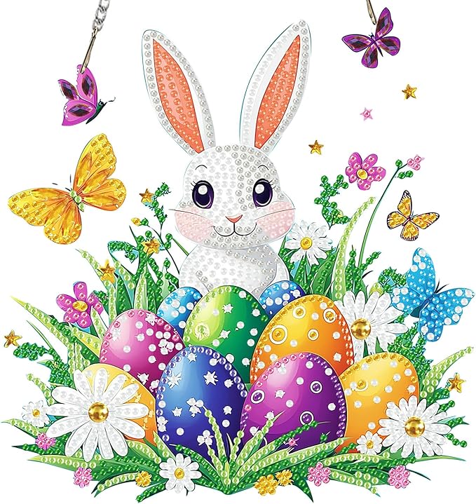 Miwixy Easter Hanging Diamond Art Kits for Adults,Rabbit Special Shaped Crystal Christmas Diamond Painting Ornament Kit DIY Double-Sided Pattern Window Pendant Gem Art Kit for Home Wall Decor