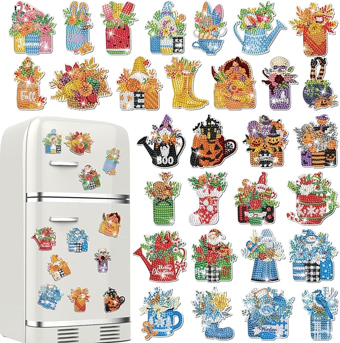 Relaxweex 30 Pcs Seasonal Diamond Painting Magnet Holiday Easter Diamond Art Magnet Kits for Adult 5D Rhinestones Mason Jar Flower Refrigerator Magnetic Sticker for Fridge DIY Crafts Gifts(Holiday)