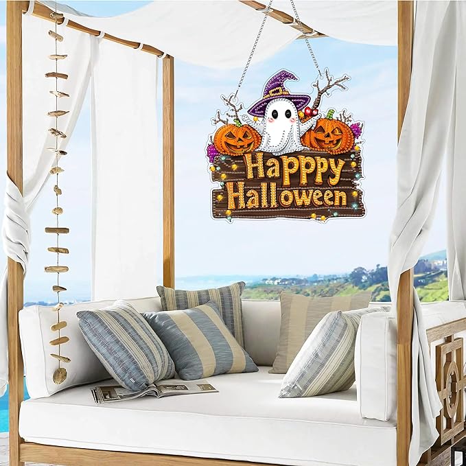 VAIIEYO Halloween Diamond Art Hanging Ornament, Ghost Pumpkin Diamond Painting Suncatchers Window Hanging Kit with Chain,7.5x7.5 inch Crystal Pendant Art Craft for Gift Home Wall Front Door Decoration