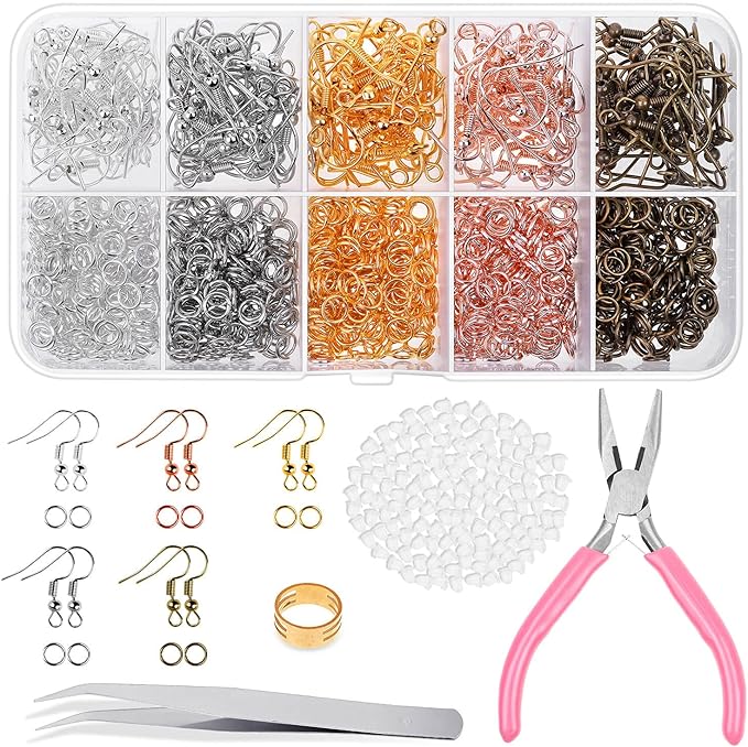 Earring Hooks, Audab 1400pcs Making Kit with 200pcs Ear Ring 1000pcs Jump Rings, Backs and Jewelry Pliers for Supplies Findings