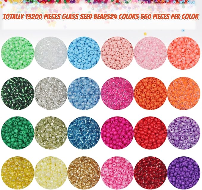 EuTengHao 13200Pcs Glass Seed Beads Small Craft Beads Small Beads for DIY Bracelet Necklaces Crafting Jewelry Making Supplies with Jewelry Findings (3mm, 550 Per Color, 24 Colors)