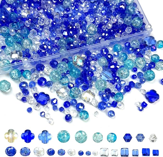 1000Pcs Glass Beads for Jewelry Making Crystal Beads for Bracelet Craft Necklace Earring Making Assorted Color 5 Style/Crackle Round/Briolette Faceted/Bicone/Cube/Four-Leaf Clover / 4 Size
