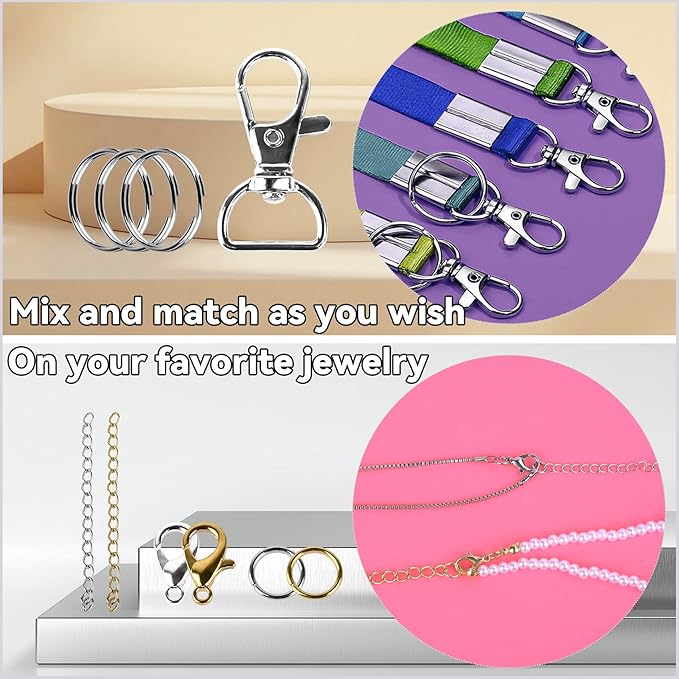 Prdingfy 579PCS Keychain Making Kit, Key Chain Supplies Including Keychain Clip, Key Rings, Lobster Claw Clasps, Jump Rings, Extender Chain,Pliers for Key Chain Making and Jewelry Making(Gold&Silver)