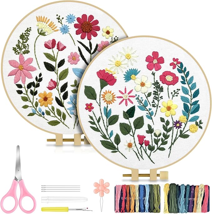 TINDTOP Embroidery Kit for Adult, Owl Embroidery Kit for Beginners Include Embroidery Cloth Hoops Threads for Craft Lover Hand Stitch with Embroidery Skill Techniques (Florals)