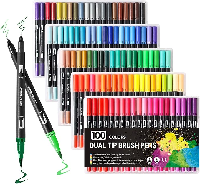 100 Colors Art Markers for Adults,Dual Tip Pens for Adult Illustration, Journaling, Calligraphy - Artist Drawing Supplies,Brush and Fine Pens for Lettering, Manga, Design Sketching