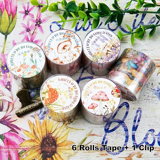 6 Rolls Whimsical Mushroom Forest PET Tape Set, Cottagecore Botanical Stickers for Journaling, Scrapbooking, DIY Crafts Supplies, 1.57"x78.7"