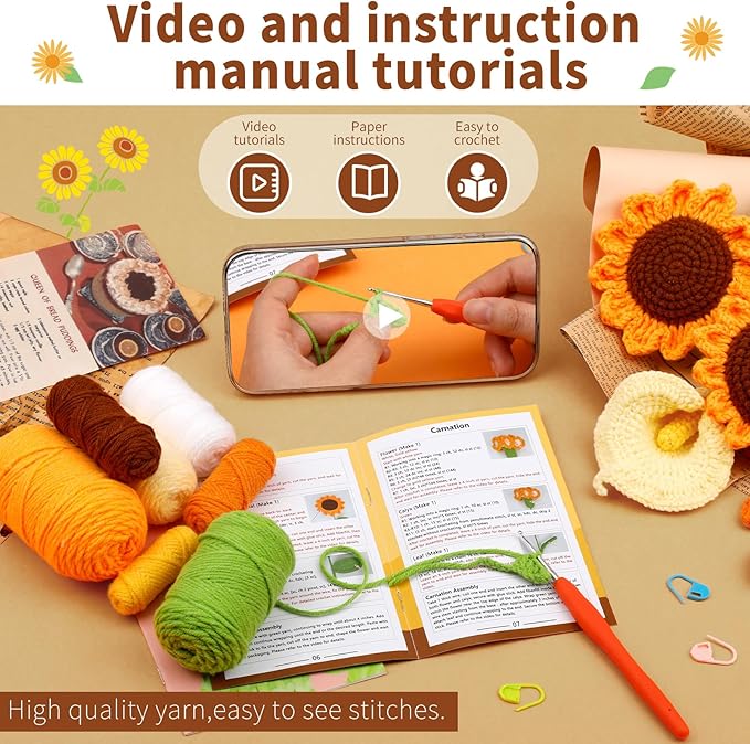 Kogyxe Crochet Kit for Beginners, Crochet Flower Bouquet with Step-by-Step Video Tutorials, Adults Crafts Kits Including Materials Such as Floral Wire, Newspaper for Commemorative Gift