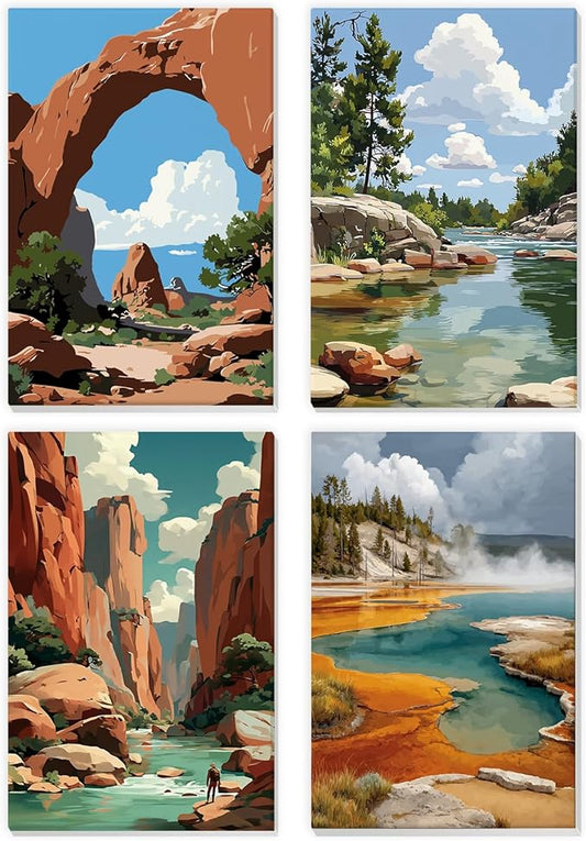 NEWENMO 4 Pack Paint by Numbers for Adults with Wooden Framed, Rock Canyon, Lake, Paint by Number Kits on Canvas for Beginner, DIY Acrylic Oil Painting Kits for Home Decor 8x12 inch, National Park