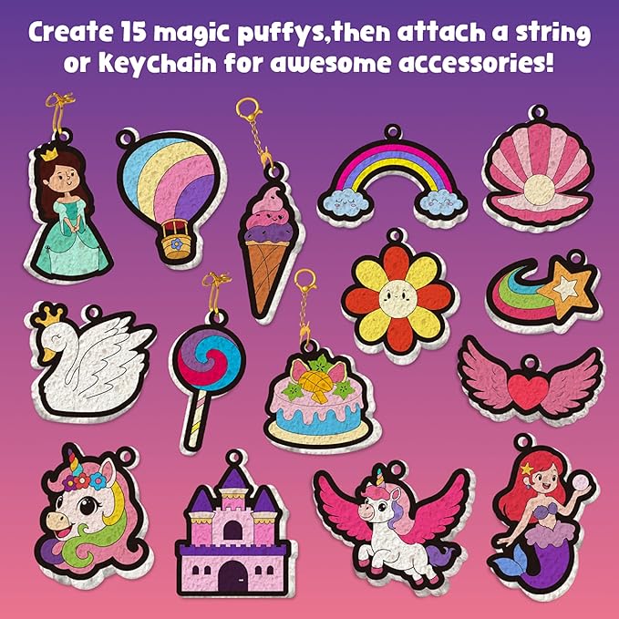 MZYTOZA 3D Art Kit Aqua Magic Puffs Princesses & Unicorns, Stocking Stuffers, 15 Mess-Free Paint by Number Craft for Kids, Christmas Gift Idea & Stocking Stuffer, Art Projects with Puff Markers