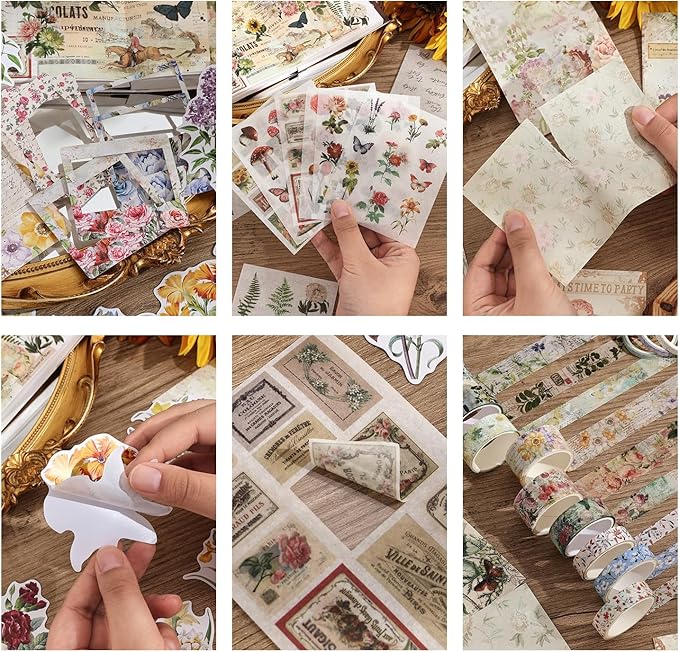 Vintage Botanical Scrapbooking Supplies Kit, Aesthetic Flower Scrapbook Kit for Bullet Junk Journal, 12 Rolls Washi Tape, Stickers Papers for DIY Journaling Supplies, Craft Gift for Girl Women