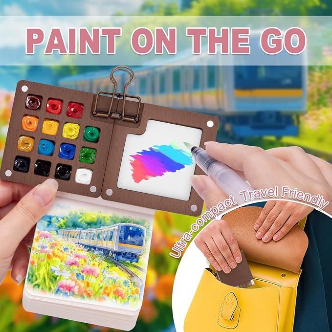 Mini Watercolor Paint Set, Mini Paint Palette Travel Kit, Pocket Artist Watercolor Travel Set Colors, Sketchbook, Brush, Metal Clip, for Beginners, Artists, Enthusiasts (15 Grids, 24 Colors)