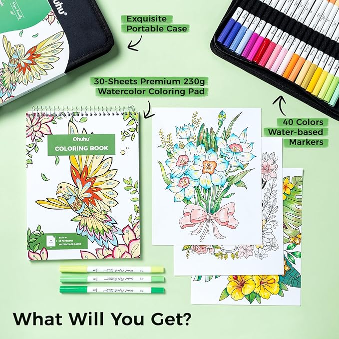 Ohuhu Adult Coloring Book 30 Patterns with 40 Colors Paper-Friendly Markers 230gsm Spiral Bound Coloring Book for Adults Relaxation Water-Based Markers for Adult Coloring Books No Bleeding - Pupe B