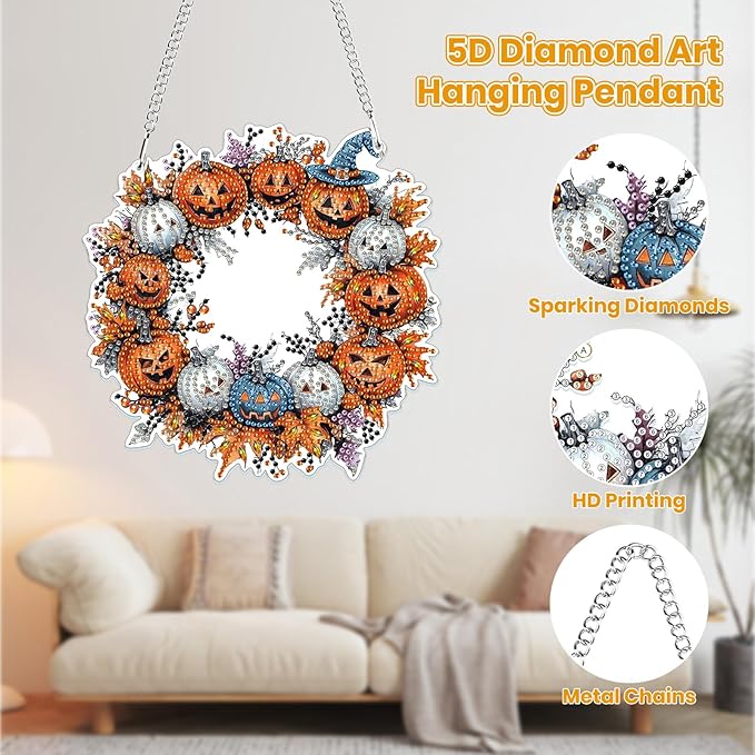 MOGTAA Fall Pumpkin Diamond Art Hanging Pendant Kits, Halloween Diamond Art Suncatchers for Adults, 5D Special Shape Diamond Painting Wreath Gem Art for Home Wall Decor