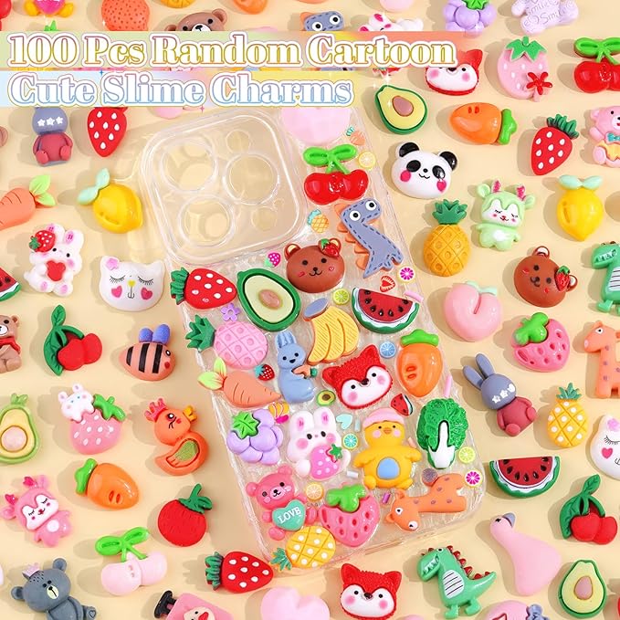 100PCS Fruit Slime Charms Cute Flatback Resin Charms for Slime, Random Kawaii Decoden Charm for Embellishments Phone Junk Case Charms Bulk, Hairpins Scrapbooking Crafting & DIY Decoration