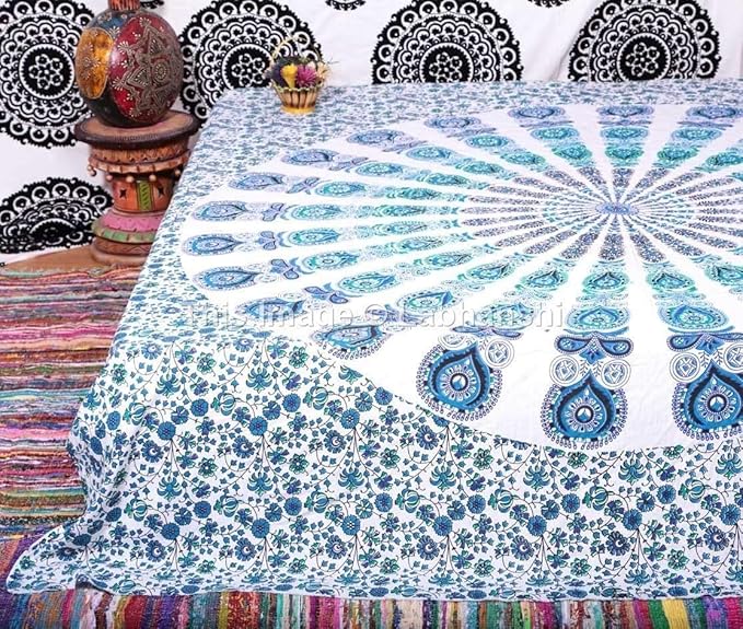 bless international handmade indian hippie bohemian psychedelic peacock mandala wall hanging college dorm beach throws table cloth bedding tapestry (peacock sky blue, queen(84x90inches)(215x230cms))