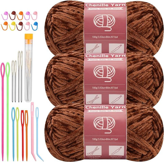 LUNARM Chenille Yarn for Crocheting Knitting, 3 Skein 263 Yard Thick Soft Chunky Fluffy Weaving Plush Yarn for Blankets Clothes Pattern Creations with Big Eye Needles(Brown)