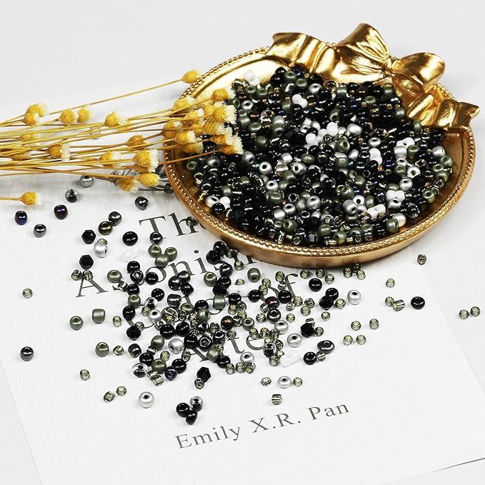 Bulk 4mm Black Seed Beads for Jewelry Making 110 Grams About 1600pcs,6/0 Glass Craft for Making Earrings, Bracelets, Pendants, Waist Jewelry, DIY Handmade Seed Beads（Black/White/Silver Mix）