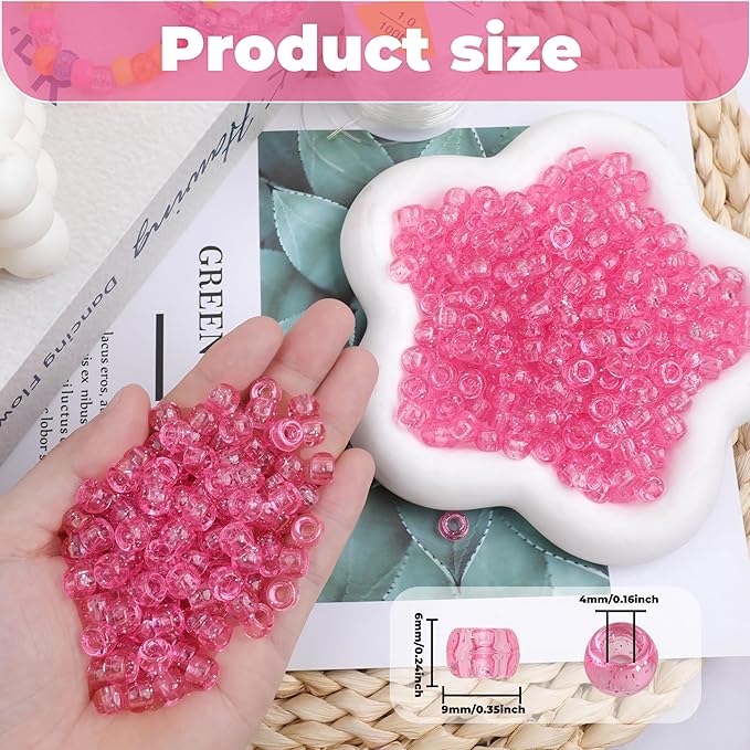 Plastic Pony Beads, 1000 Pcs, 6x9mm, for Bracelet, Hair Braiding, Friendship Bracelets, Jewelry Making (Pink Glitter)