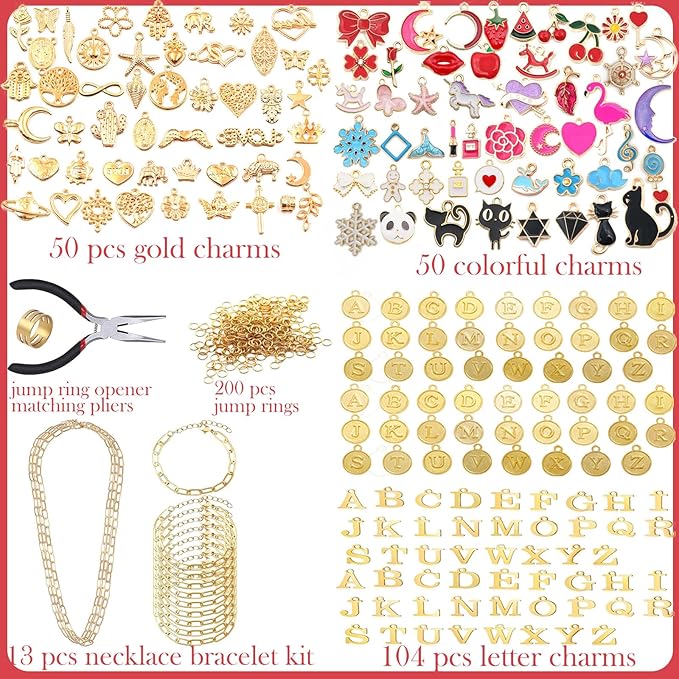 Tamkudoy Gold Charms Bracelet Necklace Making Kit- 419 PCS Jewelry Making Kit with Paperclip Bracelet Chain Necklace Kit, Charms Pendants, Jewelry Pliers, Jump Rings for Women DIY Crafts Supplies