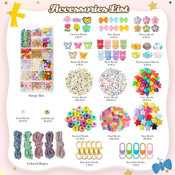 Ecoofor 487 PCS Beaded Keychain Making Kit, Acrylic Letter Beads with Heart, Star & Flower Charms for DIY Jewelry, Bag Accessories & Crafts for Women