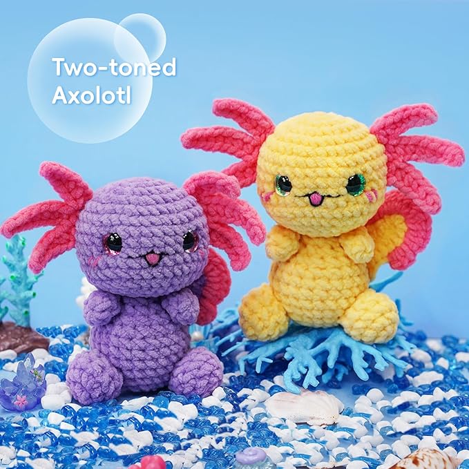 LUDOTEK Crochet Kit for Beginners, Crochet Animal Kits,Crocheting Kit for Starters with Step-by-Step Video Tutorials, Beginner Crochet Kits for Adults(2 Pack Axolotl)