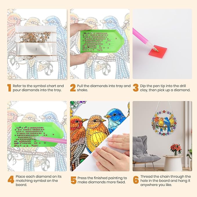MXJSUA Diamond Art Hanging Kits for Adults Beginners, Birds DIY Acrylic Special Shaped Crystal Diamond Gem Art Pendant Drills Painting Ornament for Home Wall Decor and Gift