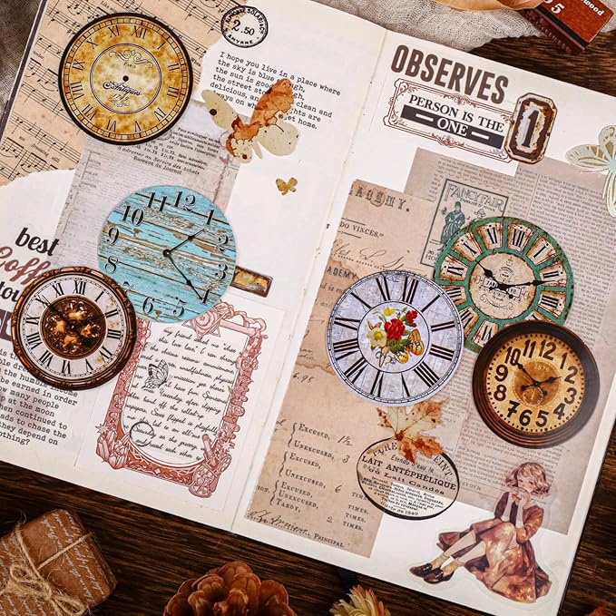 Vintage Time Dial Stickers – 60pcs Retro Clock Pattern Cardstock Stickers with Roman Numerals, Pre-Cut Self-Adhesive for Scrapbook, Junk Journal, Planner and DIY Collage