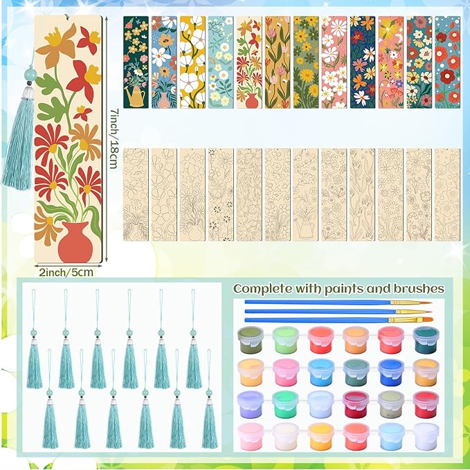 Kosiz 12 Pcs Butterfly Flowers Theme Paint by Numbers Kit for Adults Floral Wood Bookmark Painting Decor Mini Paint by Numbers Kit Tassels Blank Bookmarks Craft for Small DIY Book Lovers Gift 7x2 ''