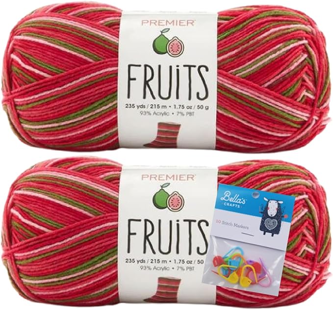 Premier Yarns Fruits, Acrylic Sock Yarn, 2-Pack Bundled with Bella's Crafts Stitch Markers (Guava)