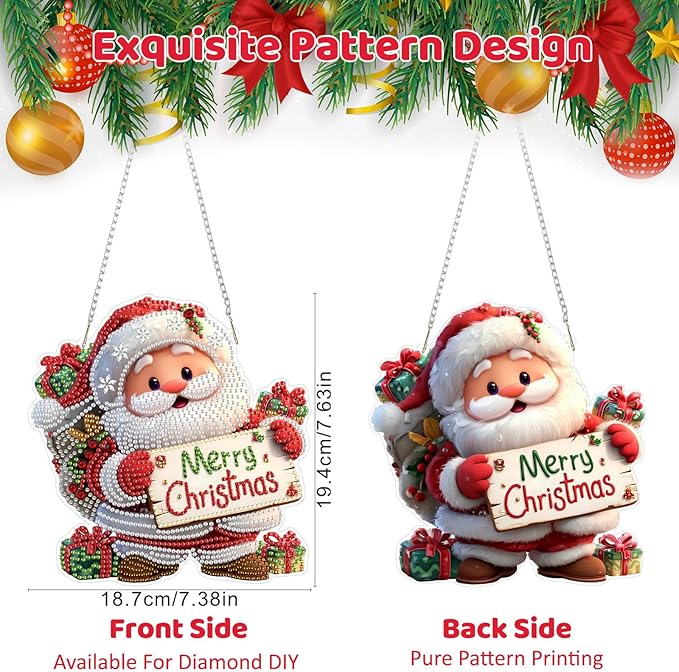 MEIYUDA Christmas Santa Claus Diamond Art Hanging Kits for Adult, Merry Christmas Diamond Painting Kits Ornaments, DIY Special Shaped Rhinestone Window Pendants kit for Home Garden Wall Decor Gift