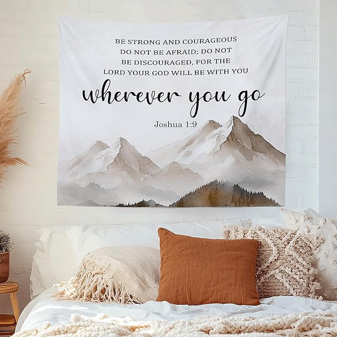 MNASAIOO Christian Mountian Lord Wall Tapestry Hanging for Bedroom, Bible Verse Scripture Joshua 1:9 Tapestries, Watercolor Religious Wall Decor Banner for Living Room Prayer Room Church 50x60in