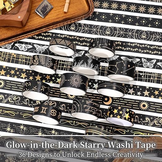 36 Rolls Starry Theme Washi Tape Set with Celestial Patterns - Writeable Decorative Tapes for Scrapbooking, Junk Journal Supplies, Bullet Journaling 0.6" x 79" per Roll
