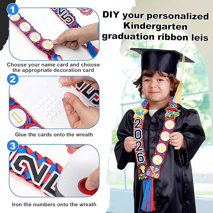 Juexica Kindergarten Graduation Ribbon Leis Class of 2026 Braided Necklace Making Kit with Alphabetic Decorative Cards Preschool Kids Grad Graduation Party Gifts(Red, Blue)