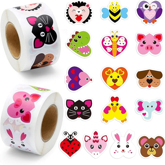 beyumi 1000pcs valentine's day heart shaped animal stickers in 2 rolls for kids valentine heart labels waterproof vinyl decals for greeting cards envelope scrapbooking party decor gift for girls teens