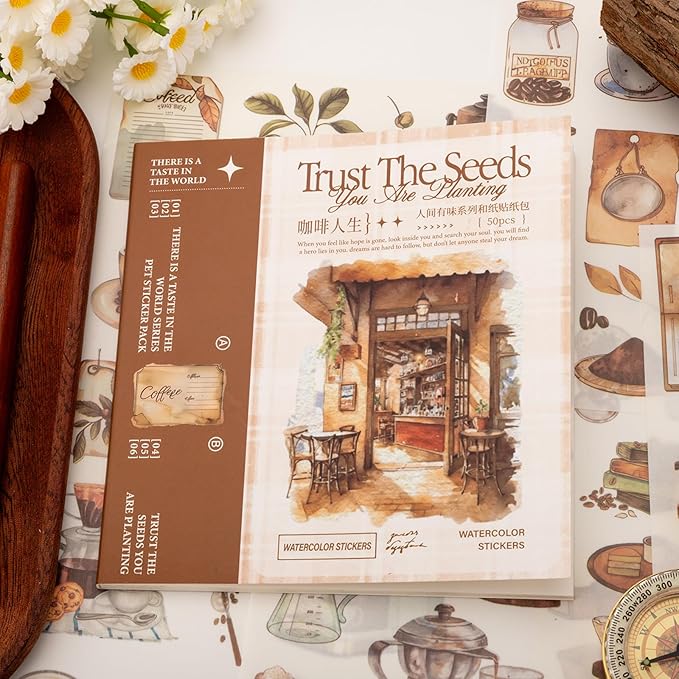 Coffee Themes Sticker Scrapbooking Supplies for Junk Journal, 50 Sheets Washi Stickers - Vintage Journaling Stickers, Ephemera Sticker Book Pre Cut(TZ-005-008)