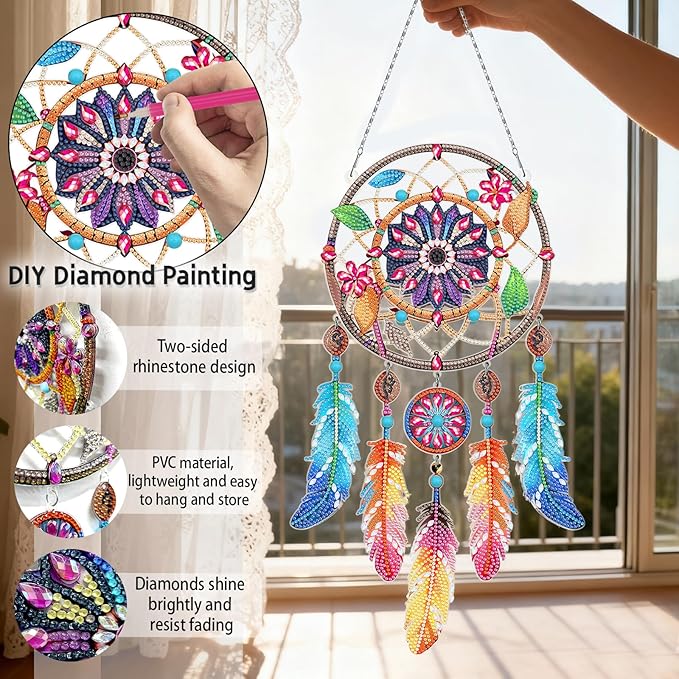 Diamond Dream Catchers Kit, Hanging Diamond Art, DIY Kit for Home Wall & Window Decor, Handmade Craft for Room Decoration (Nature)