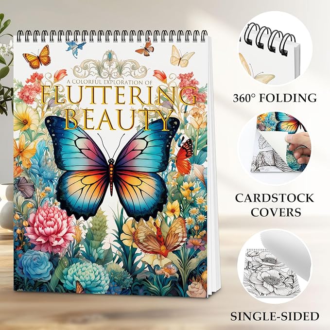 Coloring Book for Adults Relaxation, 24 Pages Adult Coloring Books for Women Stress Relief, Spiral Bound Coloring Books, Relaxing Gift for Women, Single-Sided Print Coloring Book of Fluttering Beauty