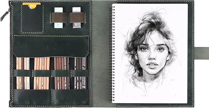 Leather Sketchbook Cover for A4/9"x12" sketch pads - Handmade Genuine Leather Artist Case with Pencil Holder & Zipper Pocket, Professional Drawing Supplies (Green, 9"x12")