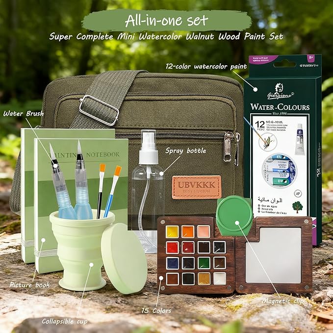 Mini Watercolor Travel Set, 15 Grid Wooden Palette Travel Watercolor Kit with Clip, Foldable Cup, Brushes, Bag, 12 Colors, 2 Sketchbooks & Spray Bottle – Gift for Painters, Art Lovers & Beginners