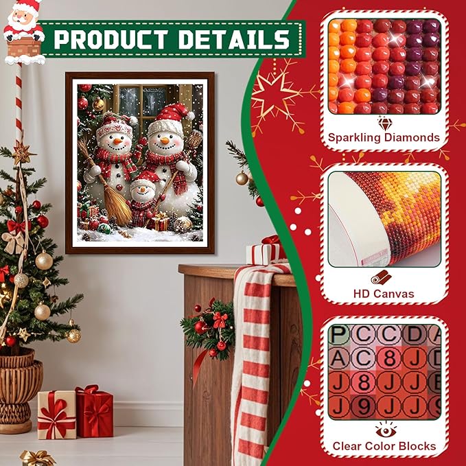 EMIEAUFG Christmas Diamond Art Kits for Adults, Christmas Snowman Family Diamond Paiting Kit for Beginners, 5D DIY Round Full Drill Craft Diamond Dot Gem Art, Home Wall Decor 12" x 16"