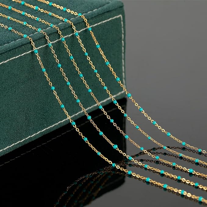 KYUNHOO 16.4 Feet Gold Plated Chain for Jewelry Making Turquoise Beaded Rosary Spool Stainless Steel Chains for Necklace Ankle Earring DIY Jewelry Findings
