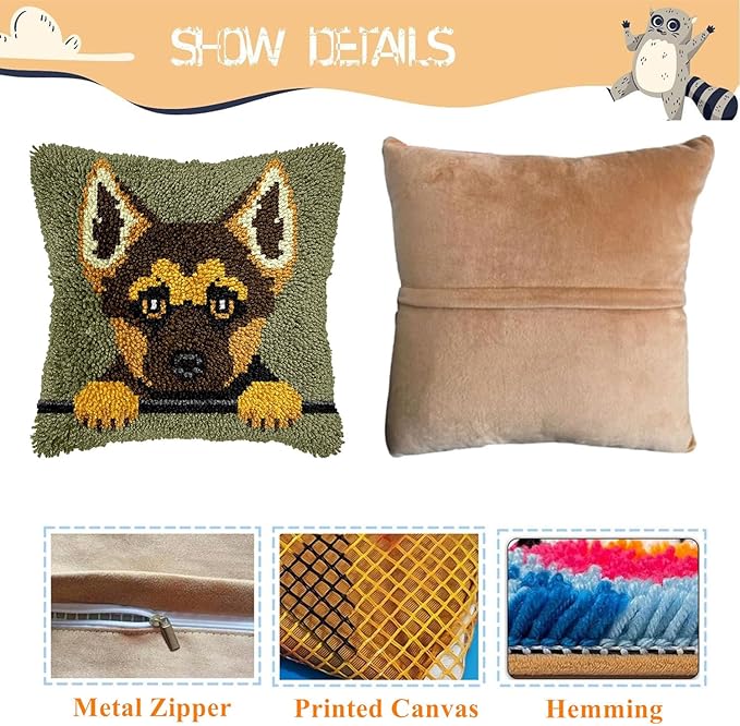 EMISTEM Latch Hook Kits for Adults - Latch Hook Pillow Kits, Crochet Yarn Kit for Beginners, Cross-Stitch Embroidery Cushion Cover Case with Printed Canvas. (Cute Puppy,17x17 inch)