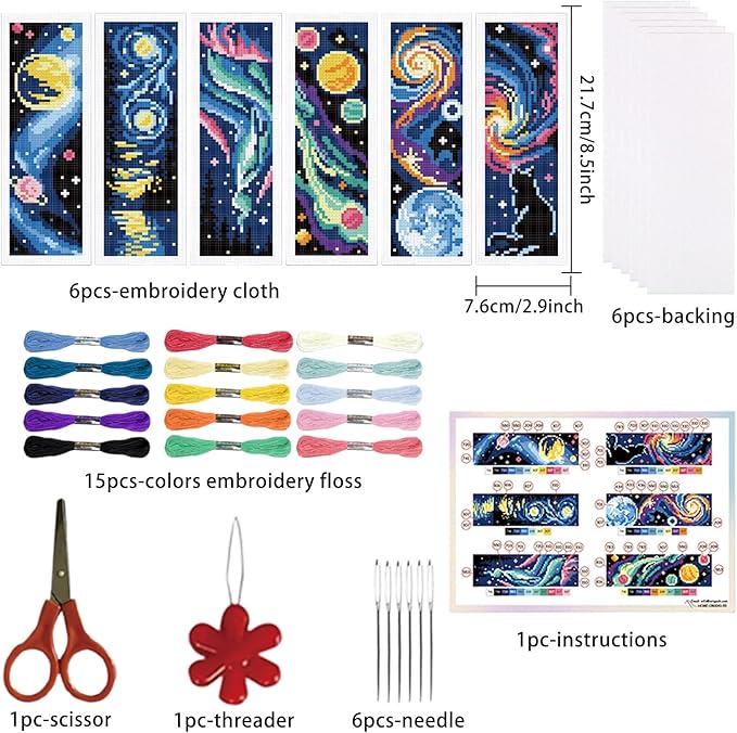 ORIGACH 6 Set Universe Starry Night Cross Stitch Bookmark Kit for Beginner with Backing Felt Floss Instructions DIY Stamped Embroidery Bookmark Kit for Adults, Book Lovers