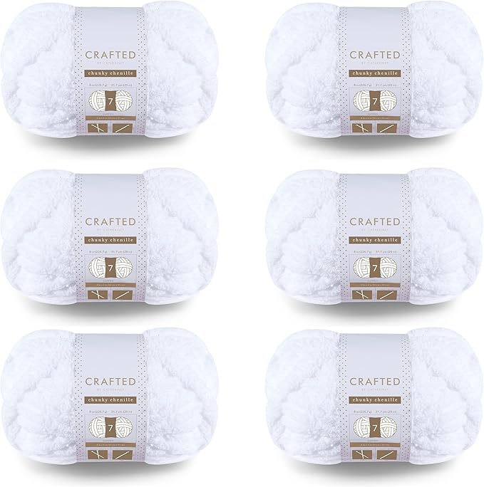 Crafted by Catherine Chunky Chenille Yarn - 6 Pack (8 oz / 227 g, 31.7 Yards Each Skein), White, Gauge 7 Jumbo